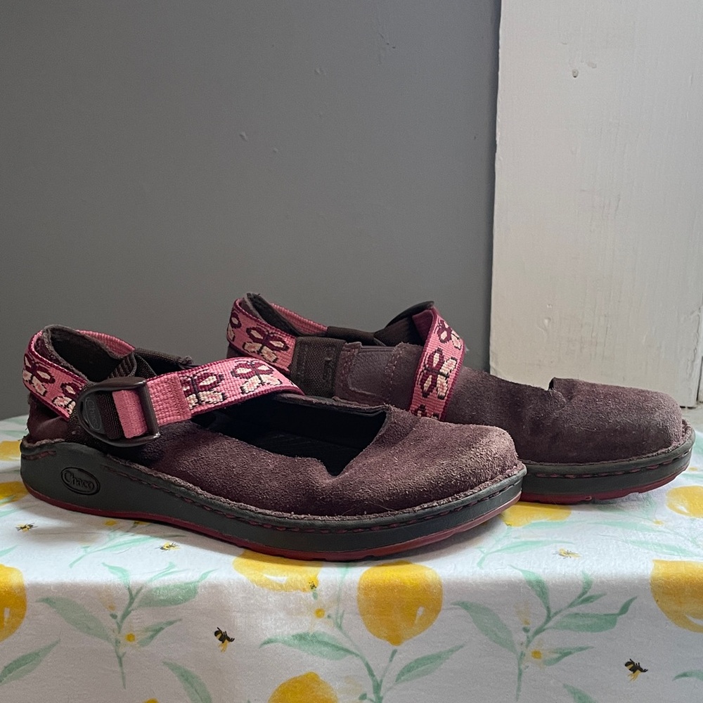 Chaco Women's Brown Suede Mules with Pink Patterned Straps